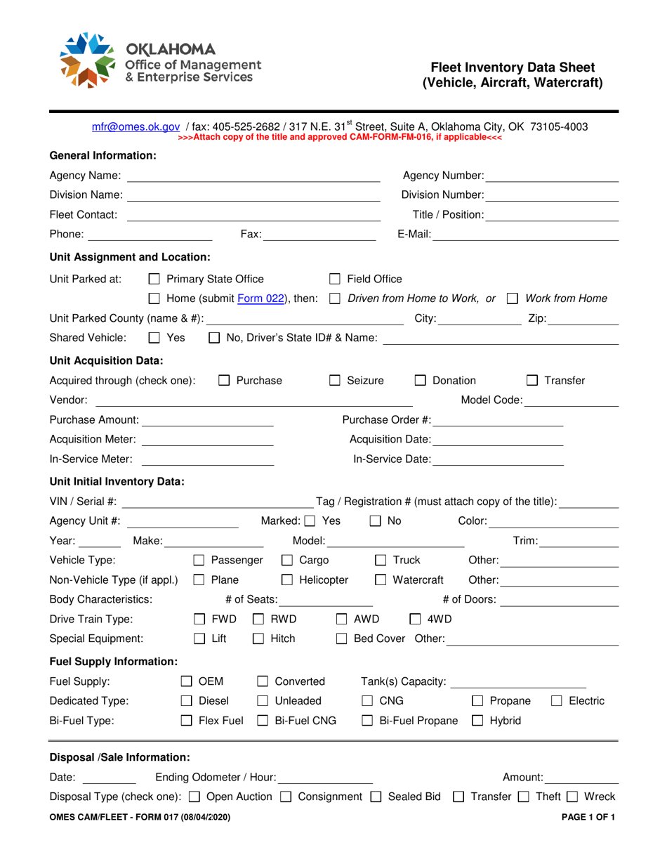 OMES Form 017 Fleet Inventory Data Sheet (Vehicle, Aircraft, Watercraft) - Oklahoma, Page 1