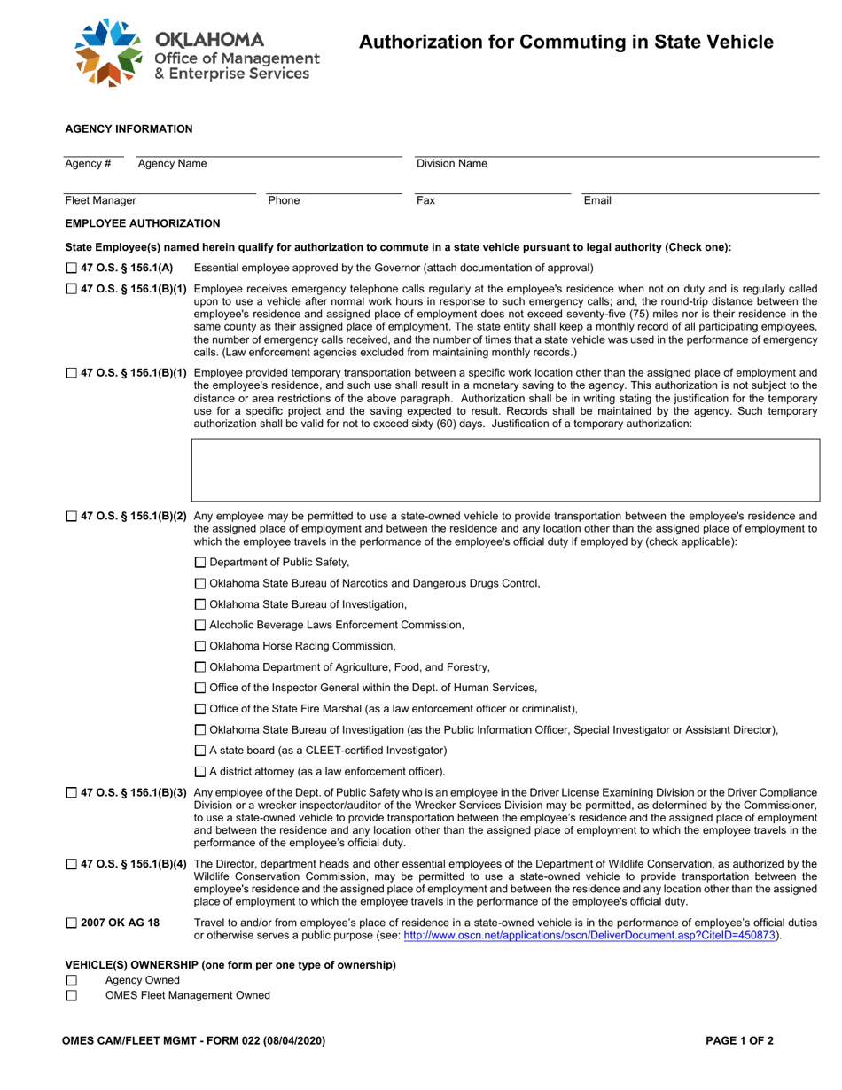 OMES Form 022 Authorization for Commuting in State Vehicle - Oklahoma, Page 1