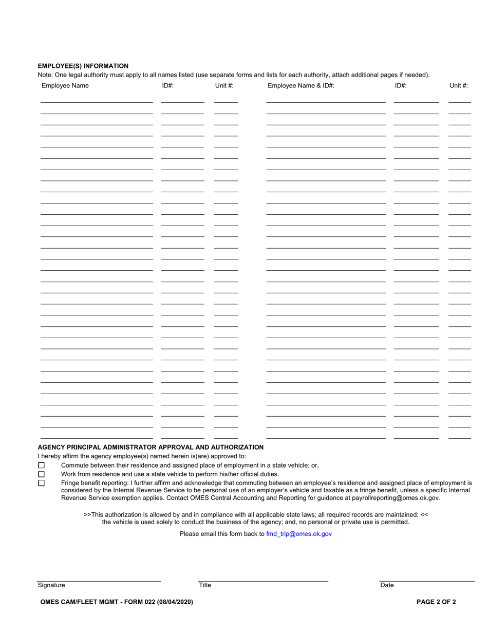OMES Form 022 Authorization for Commuting in State Vehicle - Oklahoma, Page 2