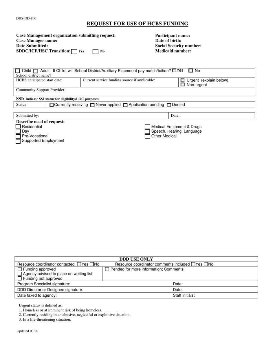 Form DHS-DD-800 Request for Use of Hcbs Funding - South Dakota, Page 1