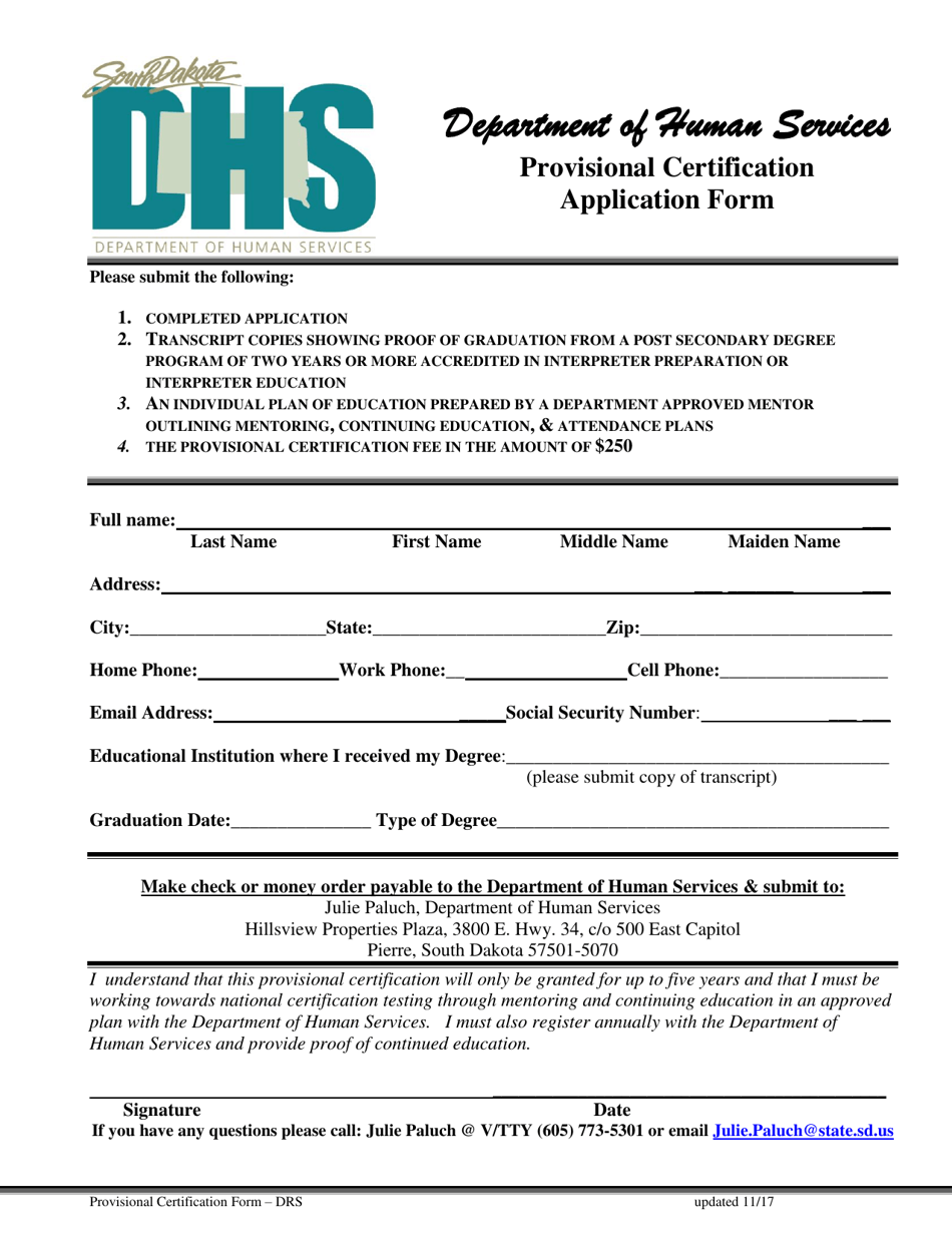 Provisional Certification Application Form - South Dakota, Page 1