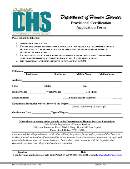 Provisional Certification Application Form - South Dakota Download Pdf