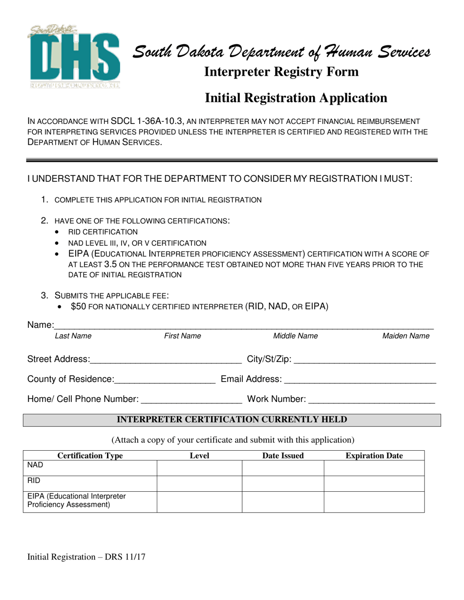 South Dakota Interpreter Registry Form Initial Registration Application