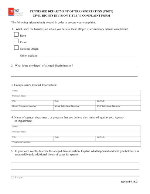 Civil Rights Division Title VI Complaint Form - Tennessee