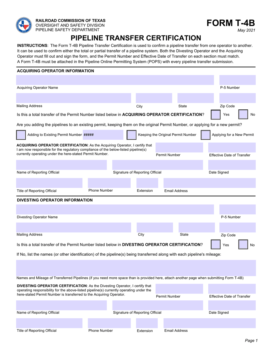 Form T-4B Pipeline Transfer Certification - Texas, Page 1