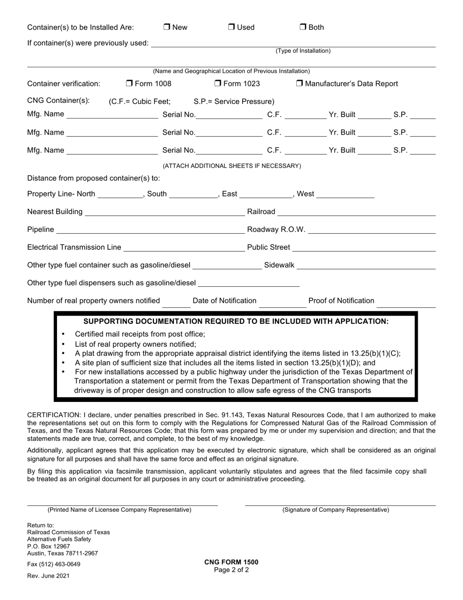 CNG Form 1500 Application to Install Cng Facility (Aggregate Storage Capacity of 84,500 Standard Cubic Feet or More) - Texas, Page 2