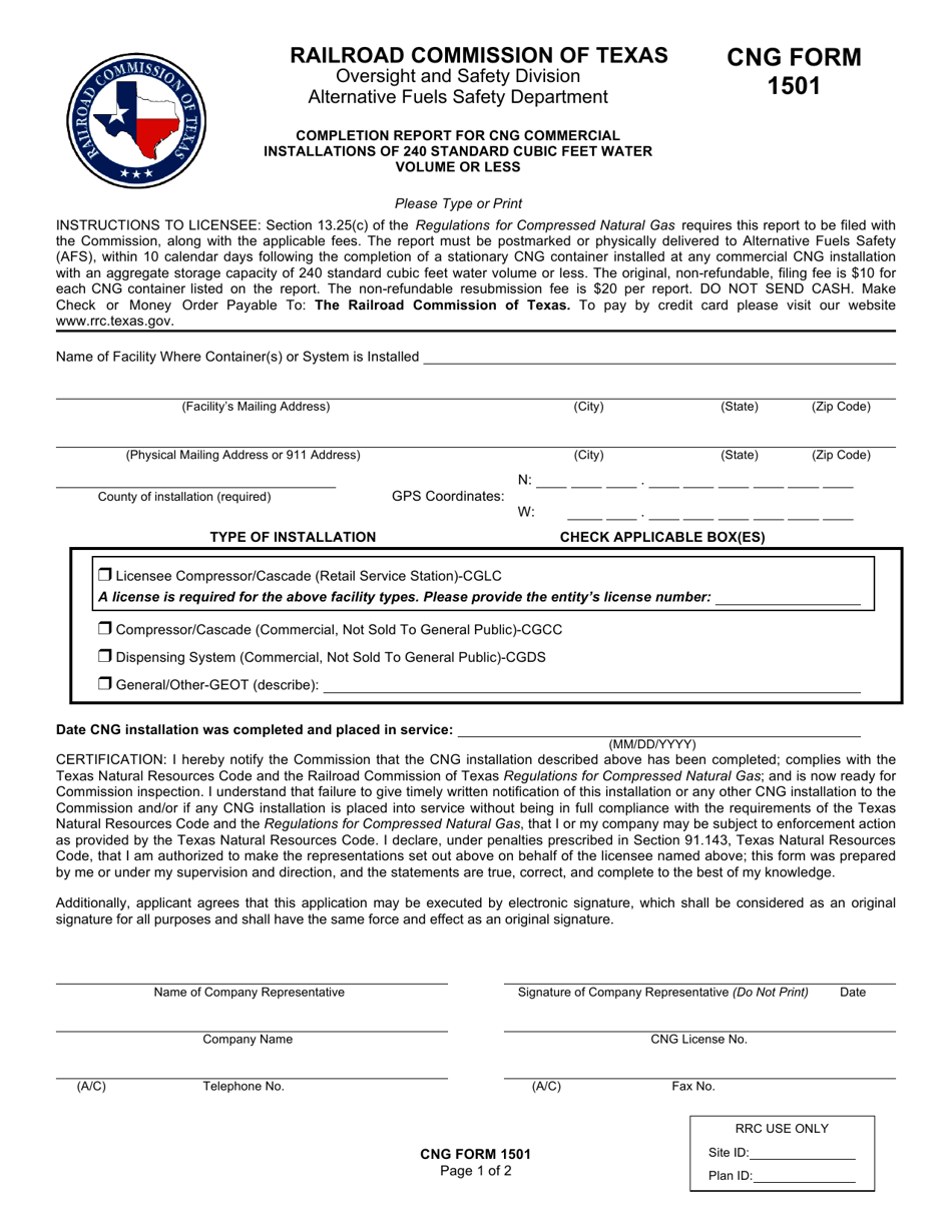 CNG Form 1501 Completion Report for Cng Commercial Installations of 240 Standard Cubic Feet Water Volume or Less - Texas, Page 1