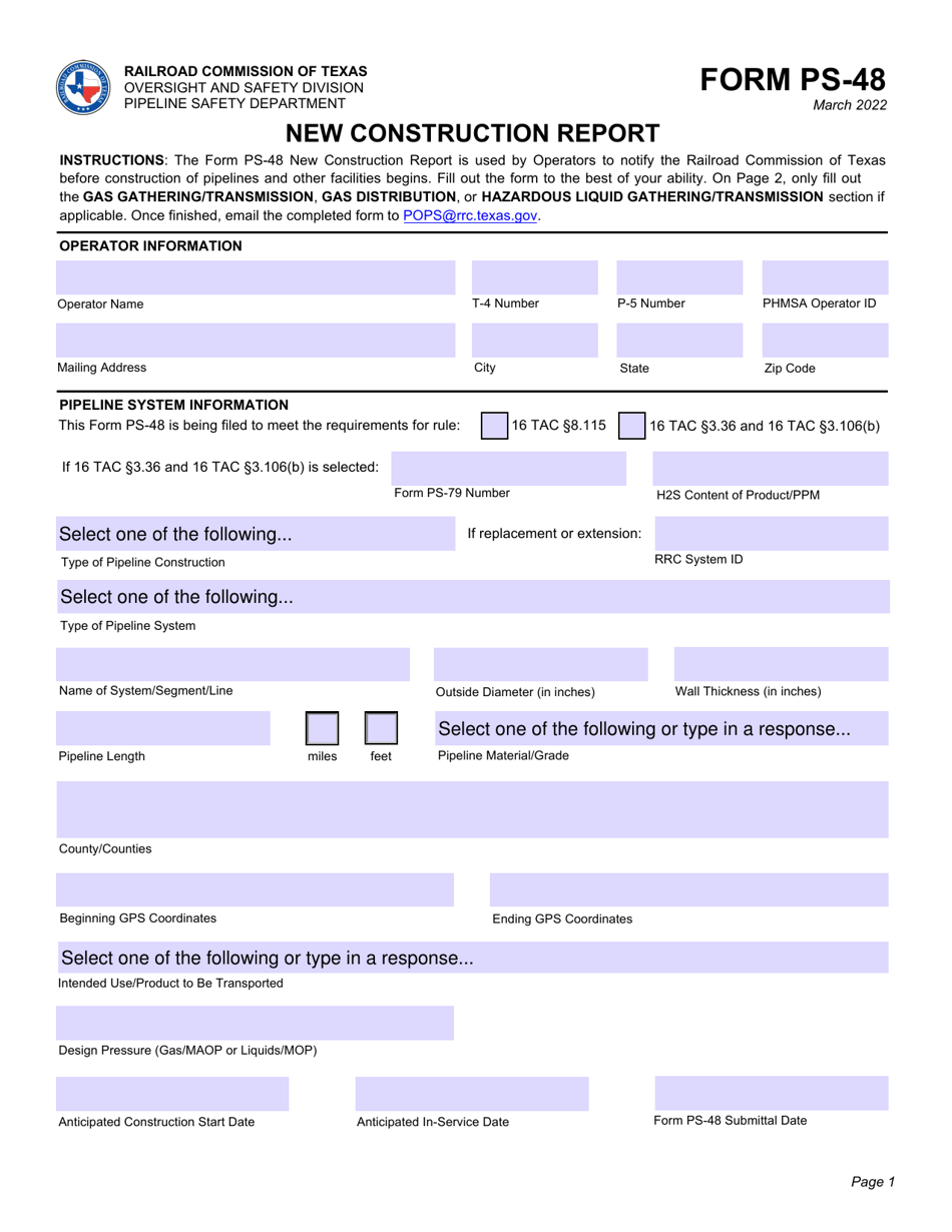 Form PS-48 New Construction Report - Texas, Page 1