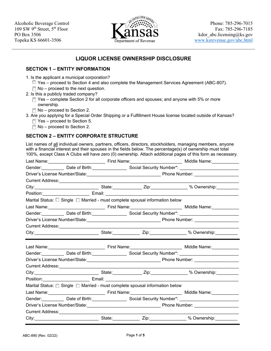 Form ABC-800 Liquor License Ownership Disclosure - Kansas, Page 1