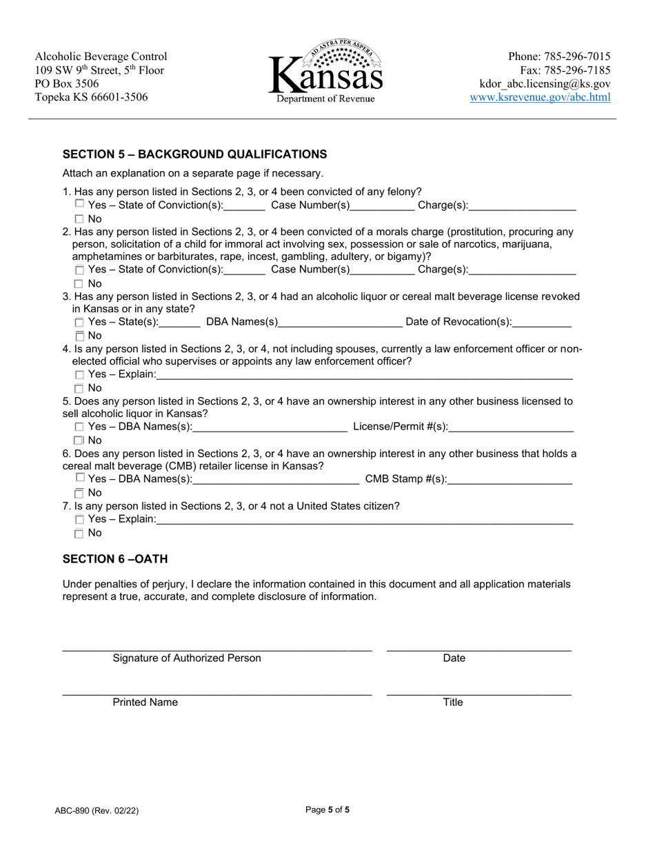 Form ABC-800 Liquor License Ownership Disclosure - Kansas, Page 5