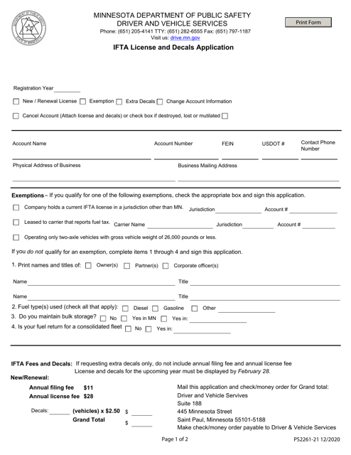 Form PS-2261 Ifta License and Decals Application - Minnesota