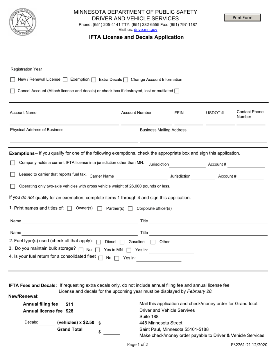 Form PS-2261 Ifta License and Decals Application - Minnesota, Page 1