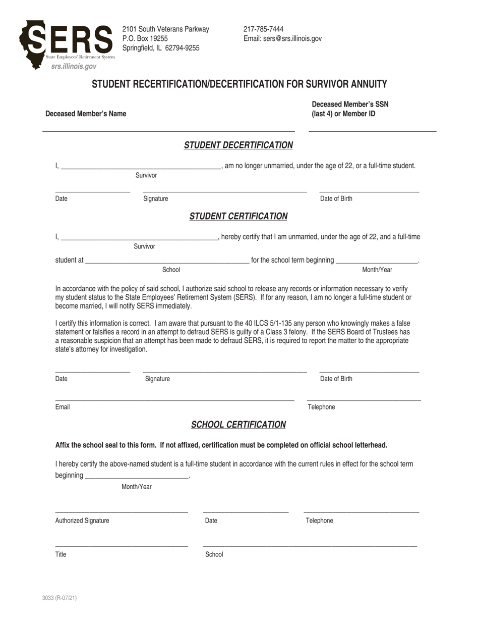 Form 3033 Student Recertification / Decertification for Survivor Annuity - Illinois, Page 1
