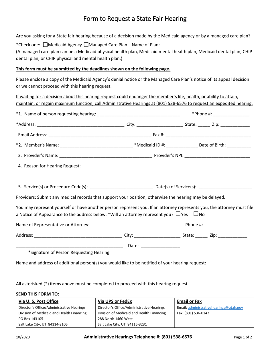 Utah Form To Request A State Fair Hearing - Fill Out, Sign Online And 