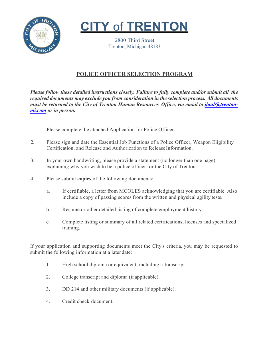 Application for Police Officer - City of Trenton, Michigan, Page 1