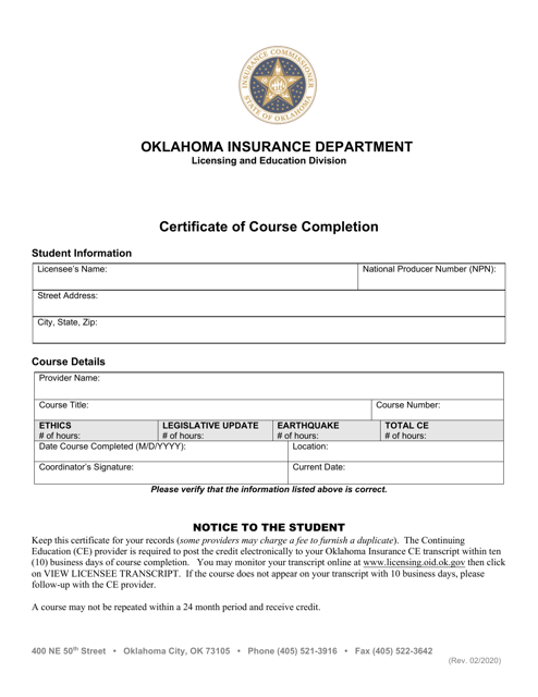 Certificate of Course Completion - Oklahoma Download Pdf