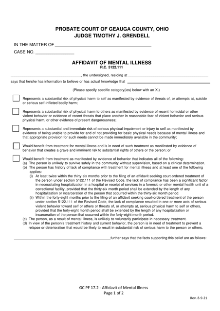Form GC PF17.2 Affidavit of Mental Illness - Geauga County, Ohio