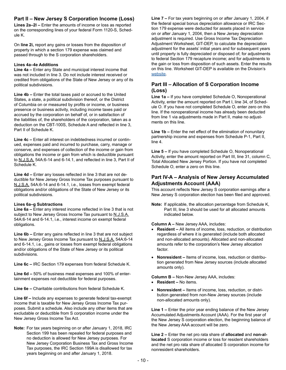 Instructions for Form CBT-100S New Jersey S Corporation Business Tax Return - New Jersey, Page 10