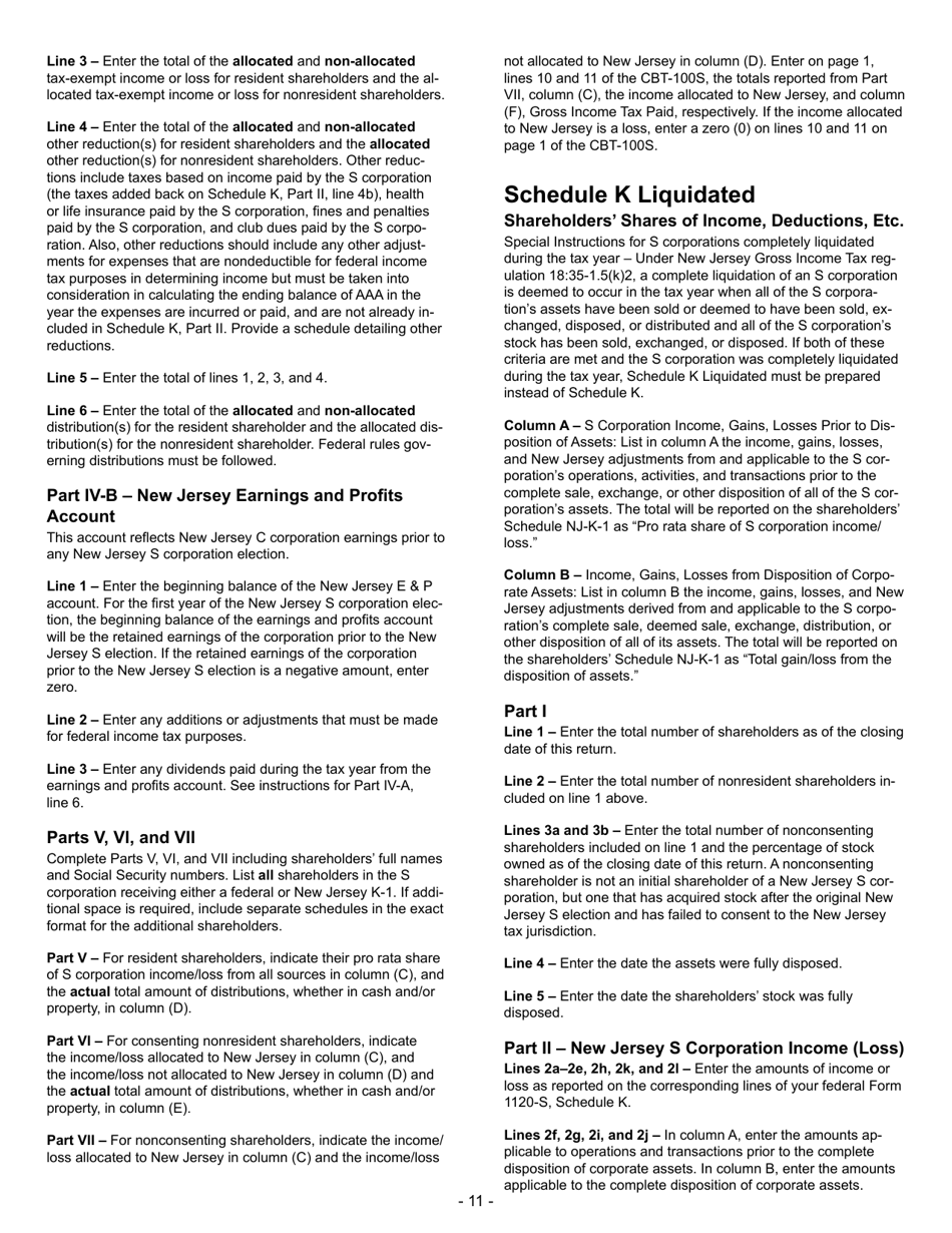 Instructions for Form CBT-100S New Jersey S Corporation Business Tax Return - New Jersey, Page 11