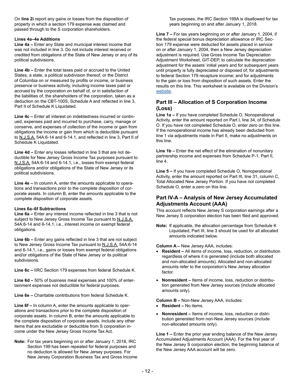 Instructions for Form CBT-100S New Jersey S Corporation Business Tax Return - New Jersey, Page 12