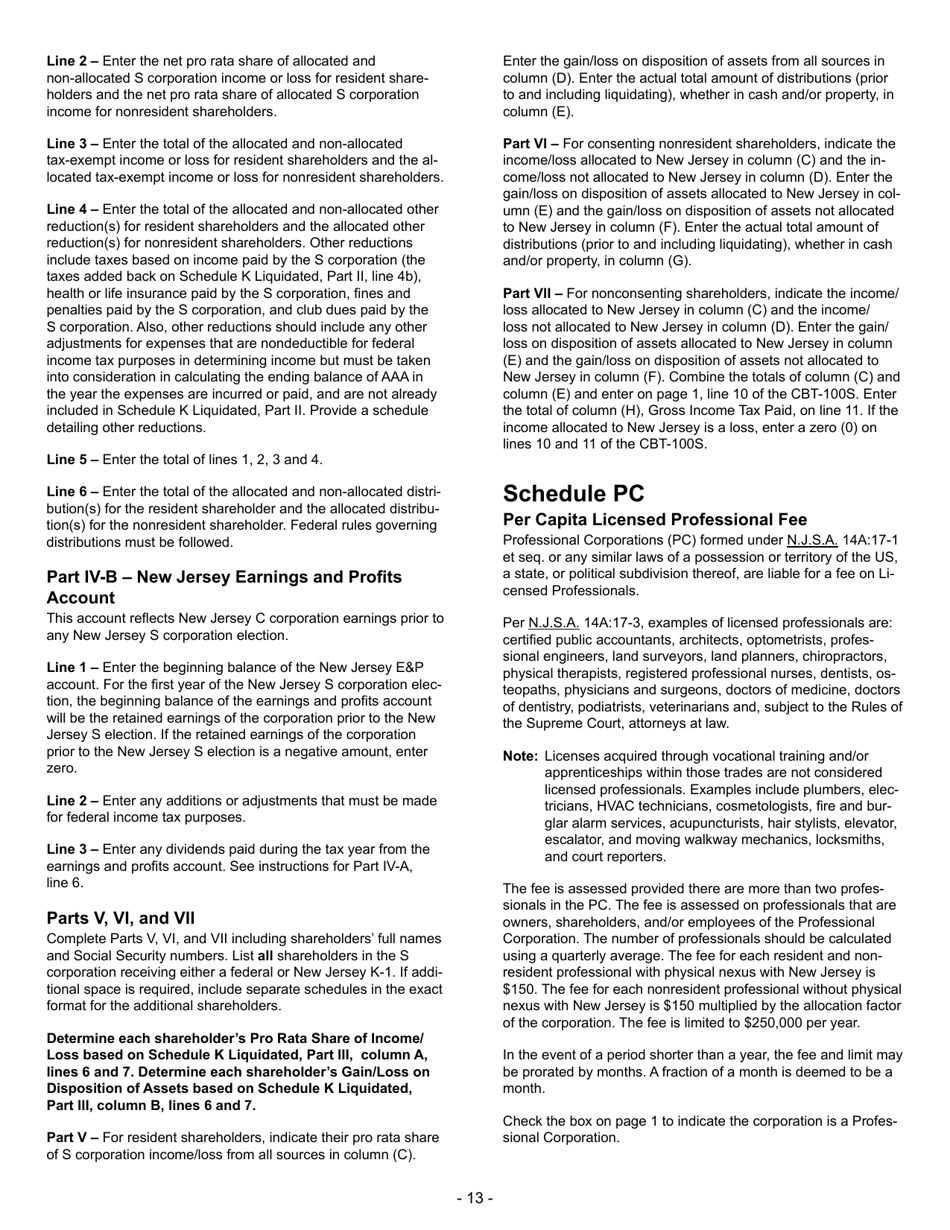 Instructions for Form CBT-100S New Jersey S Corporation Business Tax Return - New Jersey, Page 13