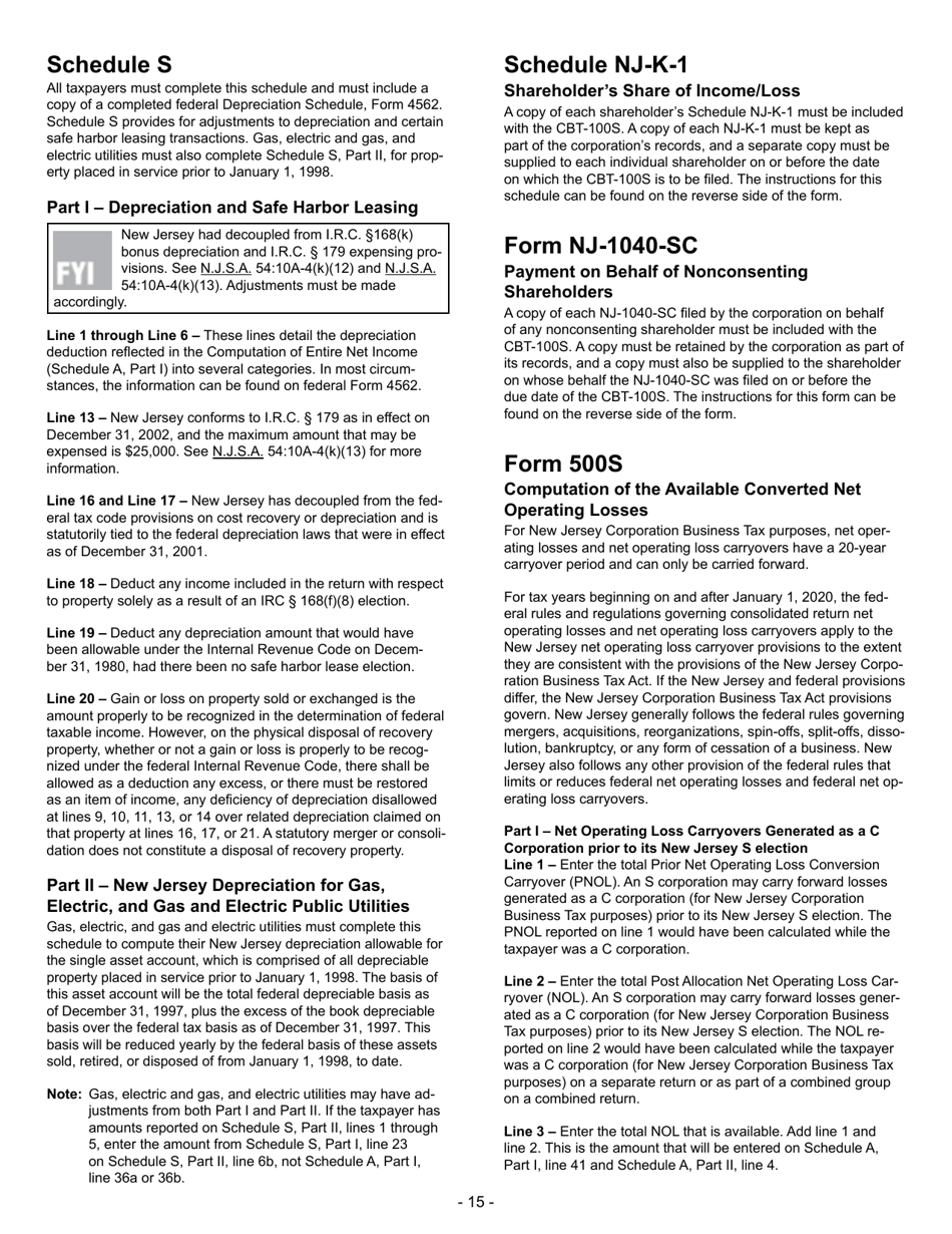 Instructions for Form CBT-100S New Jersey S Corporation Business Tax Return - New Jersey, Page 15