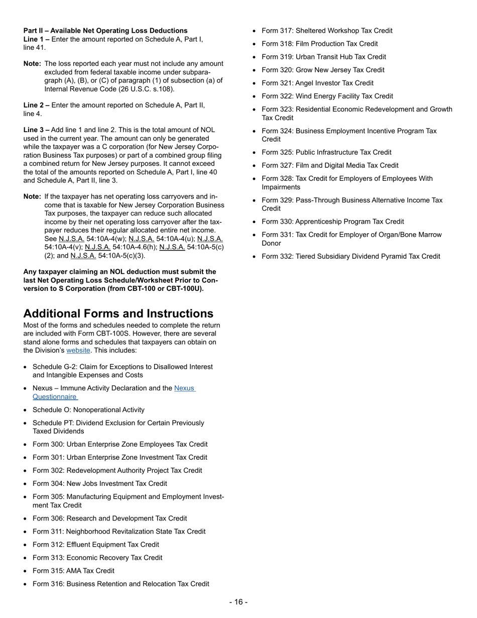 Instructions for Form CBT-100S New Jersey S Corporation Business Tax Return - New Jersey, Page 16