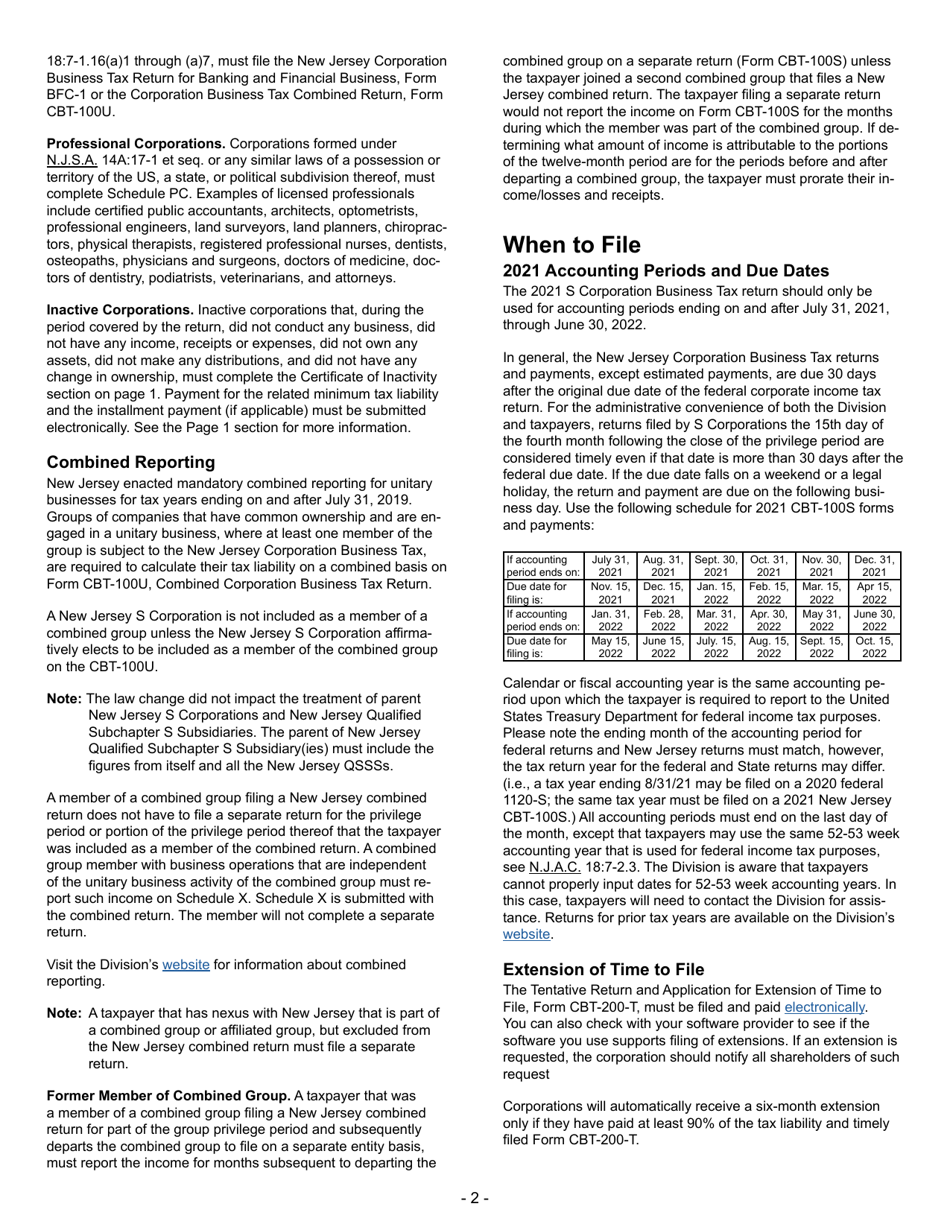 Instructions for Form CBT-100S New Jersey S Corporation Business Tax Return - New Jersey, Page 2