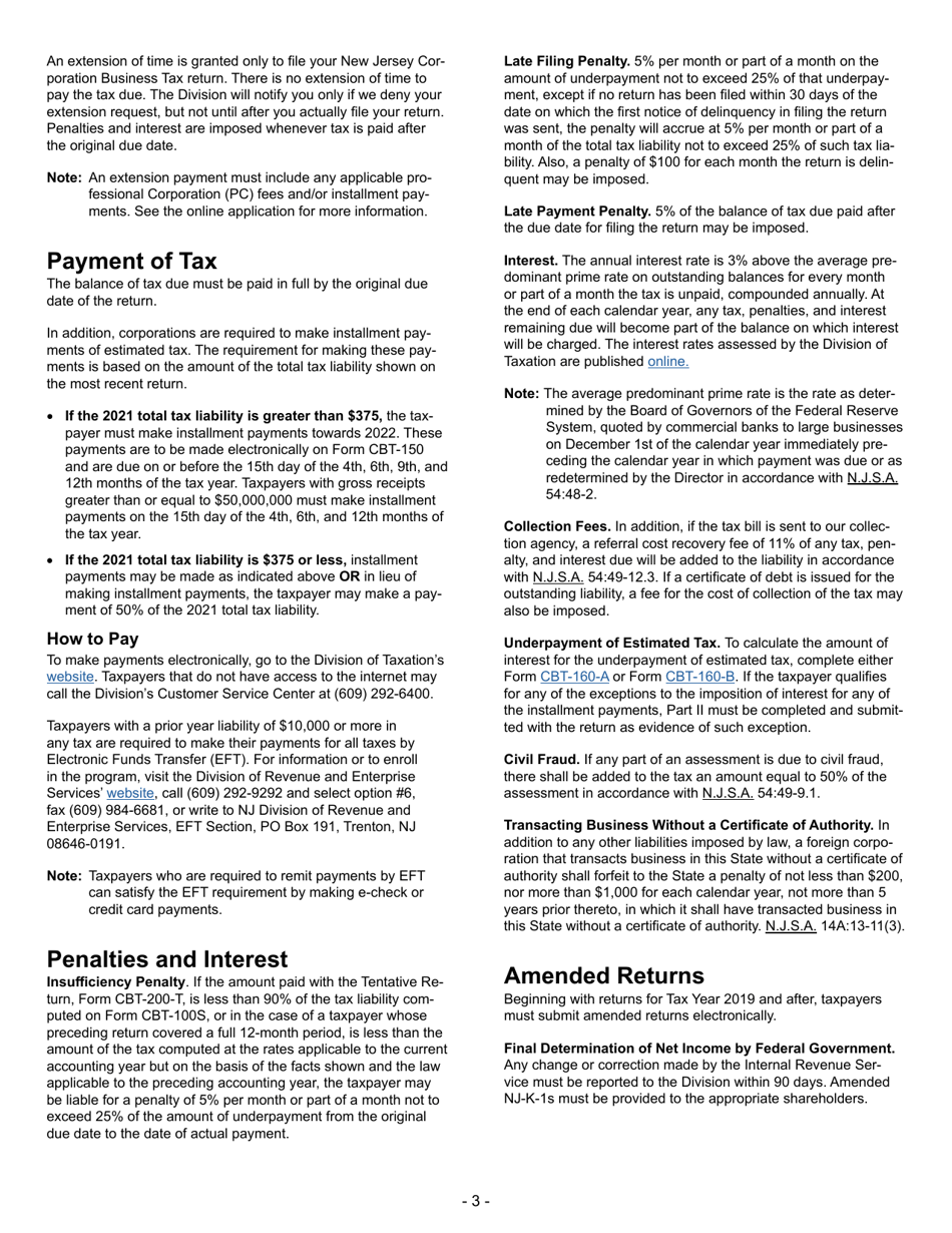 Instructions for Form CBT-100S New Jersey S Corporation Business Tax Return - New Jersey, Page 3