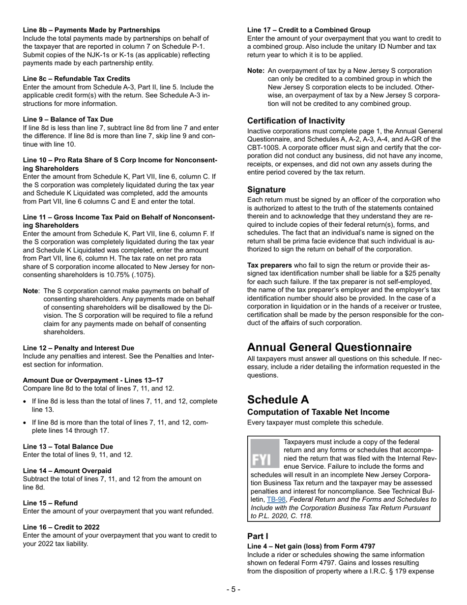Instructions for Form CBT-100S New Jersey S Corporation Business Tax Return - New Jersey, Page 5