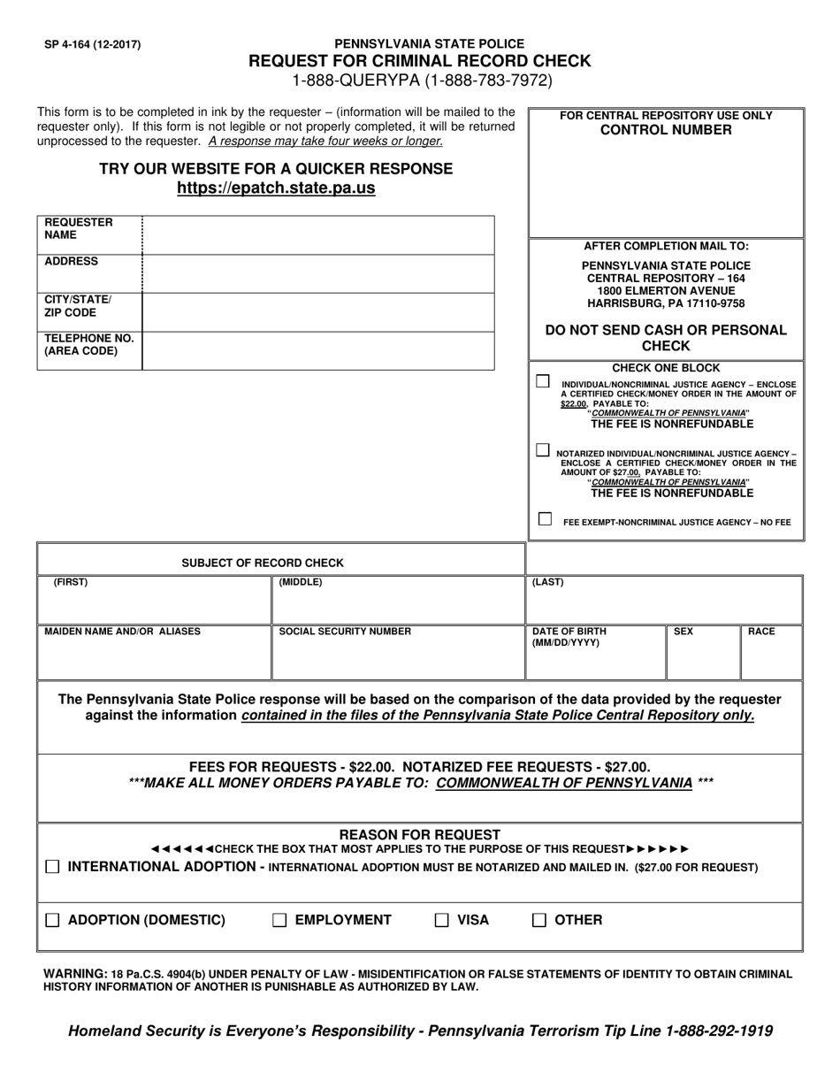 Form SP4-164 Request for Criminal Record Check - Pennsylvania, Page 1