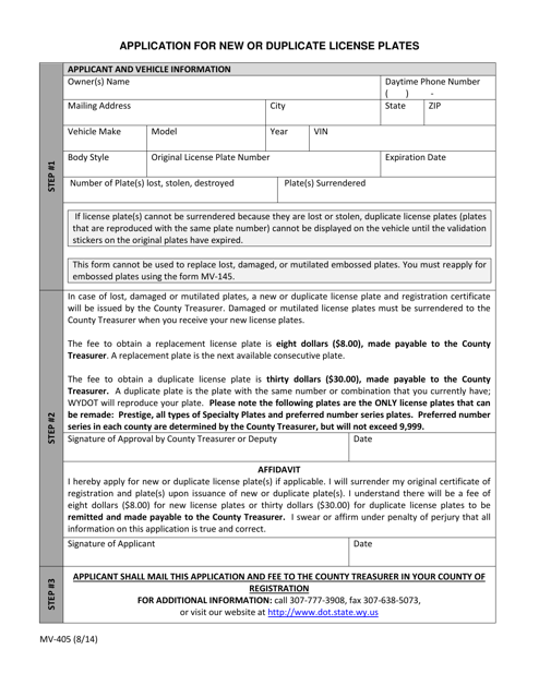 Form MV-405 Application for New or Duplicate License Plates - Wyoming
