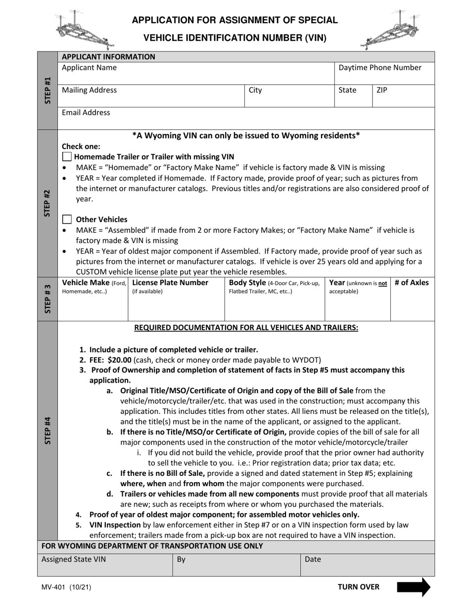 Form MV-401 Application for Assignment of Special Vehicle Identification Number (Vin) - Wyoming, Page 1
