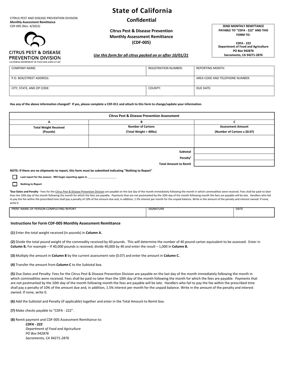 Form CDF-005 Citrus Pest and Disease Prevention Monthly Assessment Remittance - California, Page 1