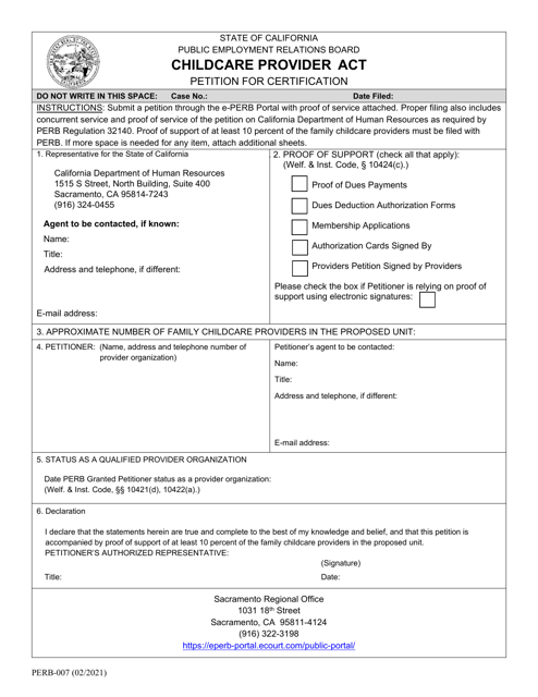 Document preview: Form PERB-007 Petition for Certification - Childcare Provider Act - California