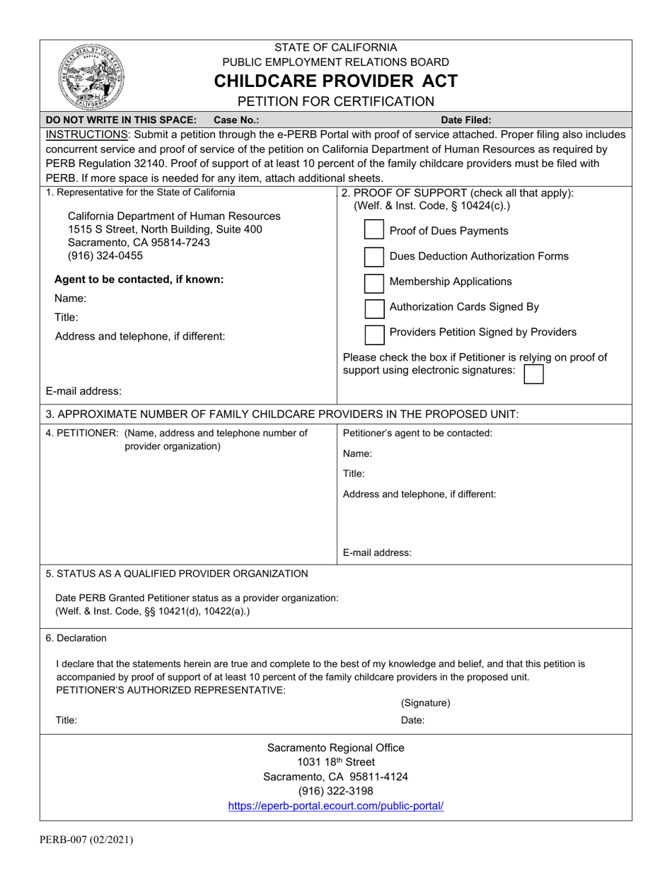 Form PERB-007 Petition for Certification - Childcare Provider Act - California, Page 1
