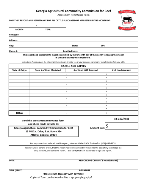 Beef Marketer Assessment Form - Georgia (United States) Download Pdf