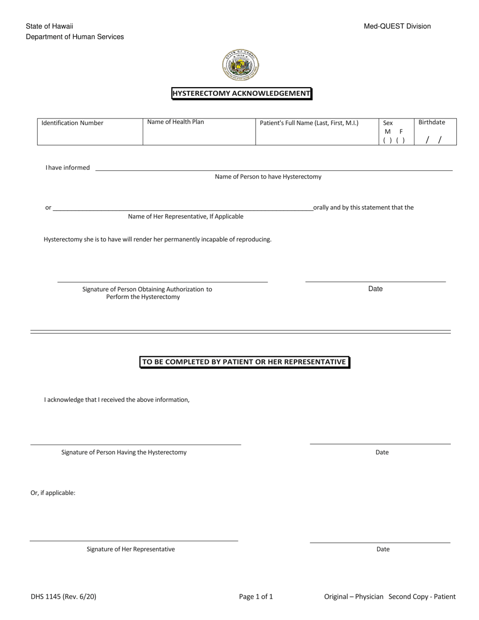 Form DHS1145 - Fill Out, Sign Online and Download Printable PDF, Hawaii ...