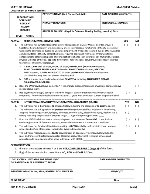 Form DHS1178 Preadmission Screening Resident Review (Pas/Rr) - Level I Screen - Hawaii
