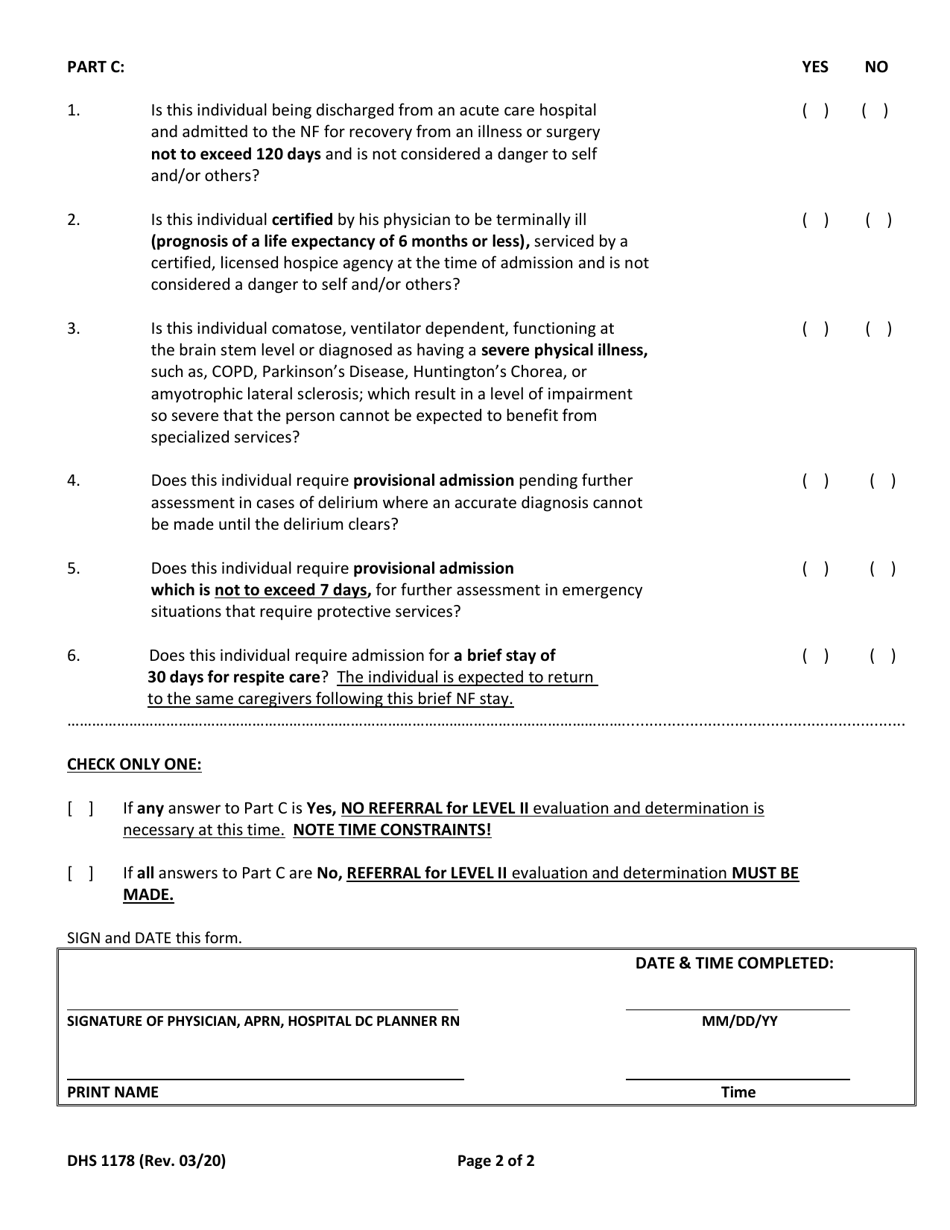 Form DHS1178 Preadmission Screening Resident Review (Pas / Rr) - Level I Screen - Hawaii, Page 2