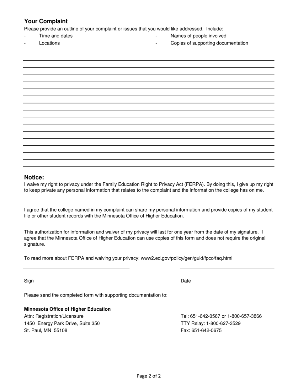 Minnesota Student Complaint Form - Fill Out, Sign Online and Download ...