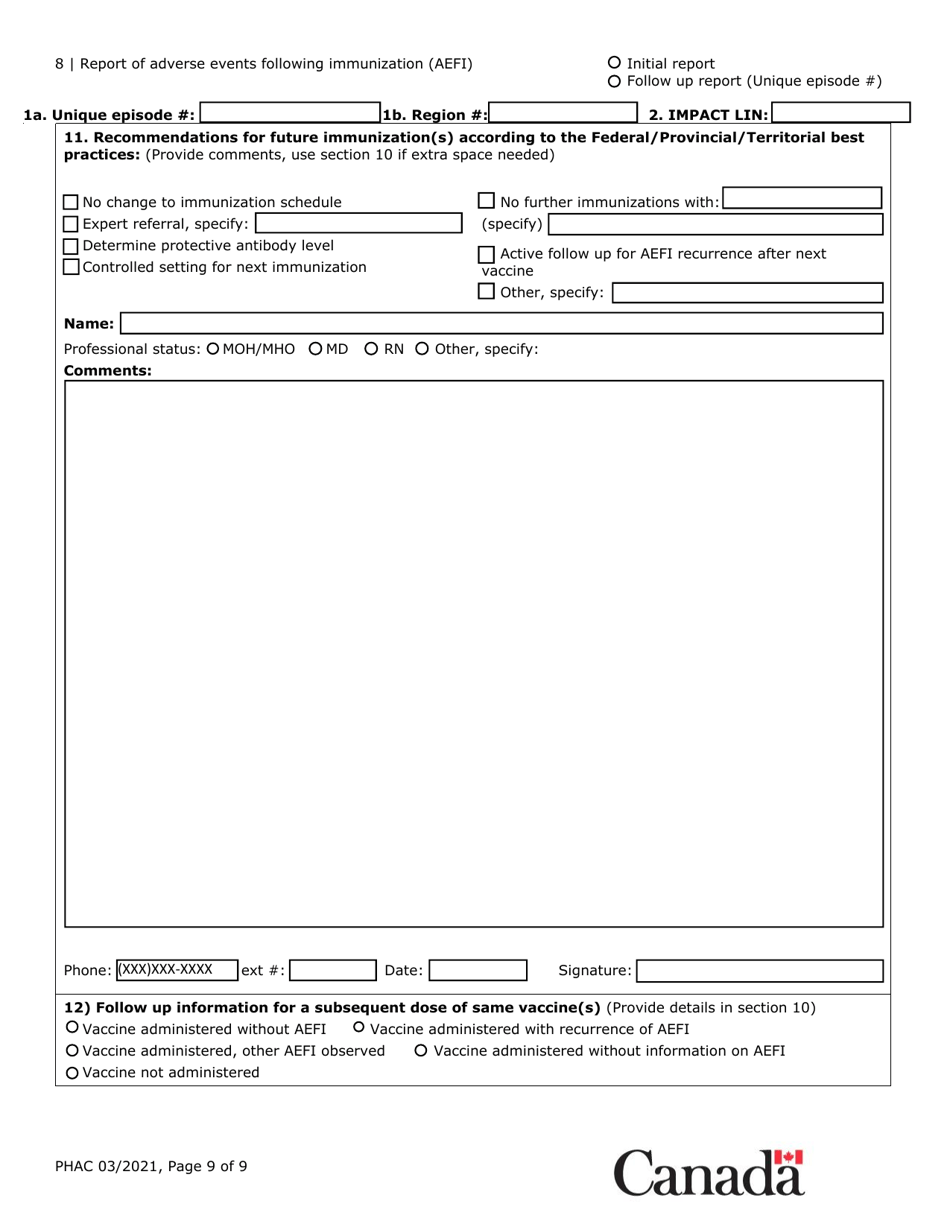 Report of Adverse Events Following Immunization (Aefi) - Canada, Page 9