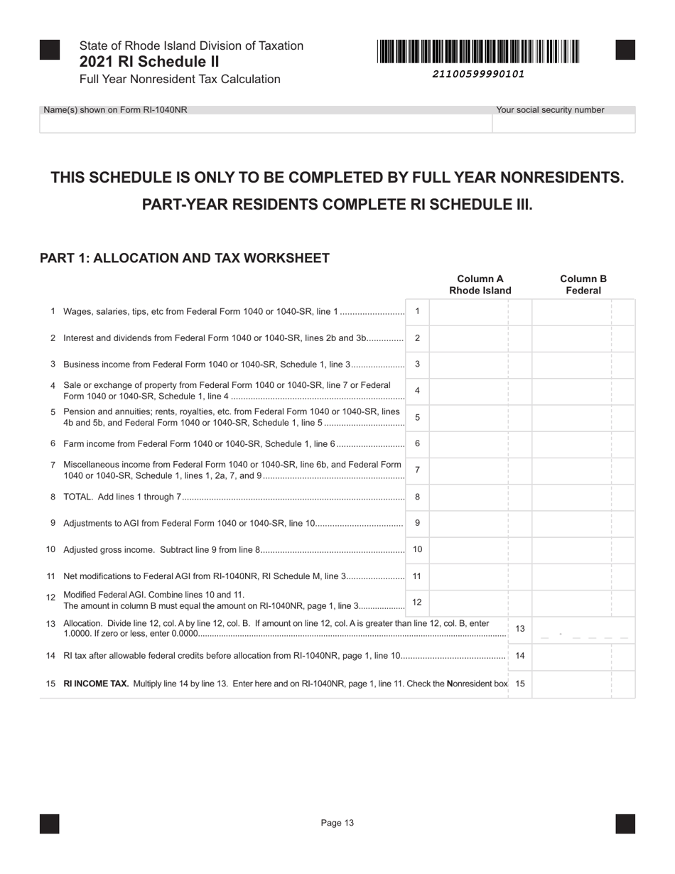 2021 Rhode Island Full Year Nonresident Tax Calculation Fill Out