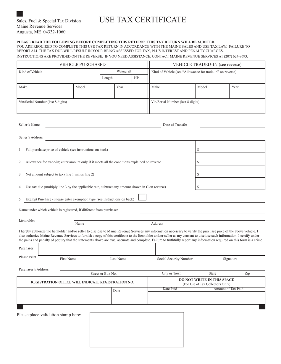 Use Tax Certificate - Maine, Page 1
