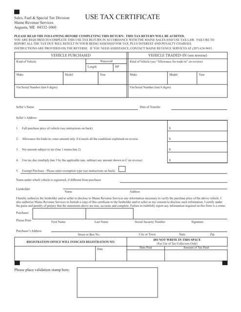 Use Tax Certificate - Maine Download Pdf