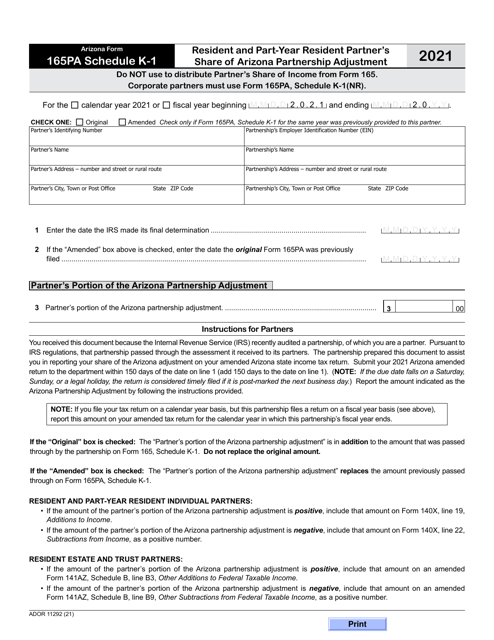 Arizona Form 165PA (ADOR11292) Schedule K-1 Resident and Part-Year Resident Partner's Share of Arizona Partnership Adjustment - Arizona, 2021