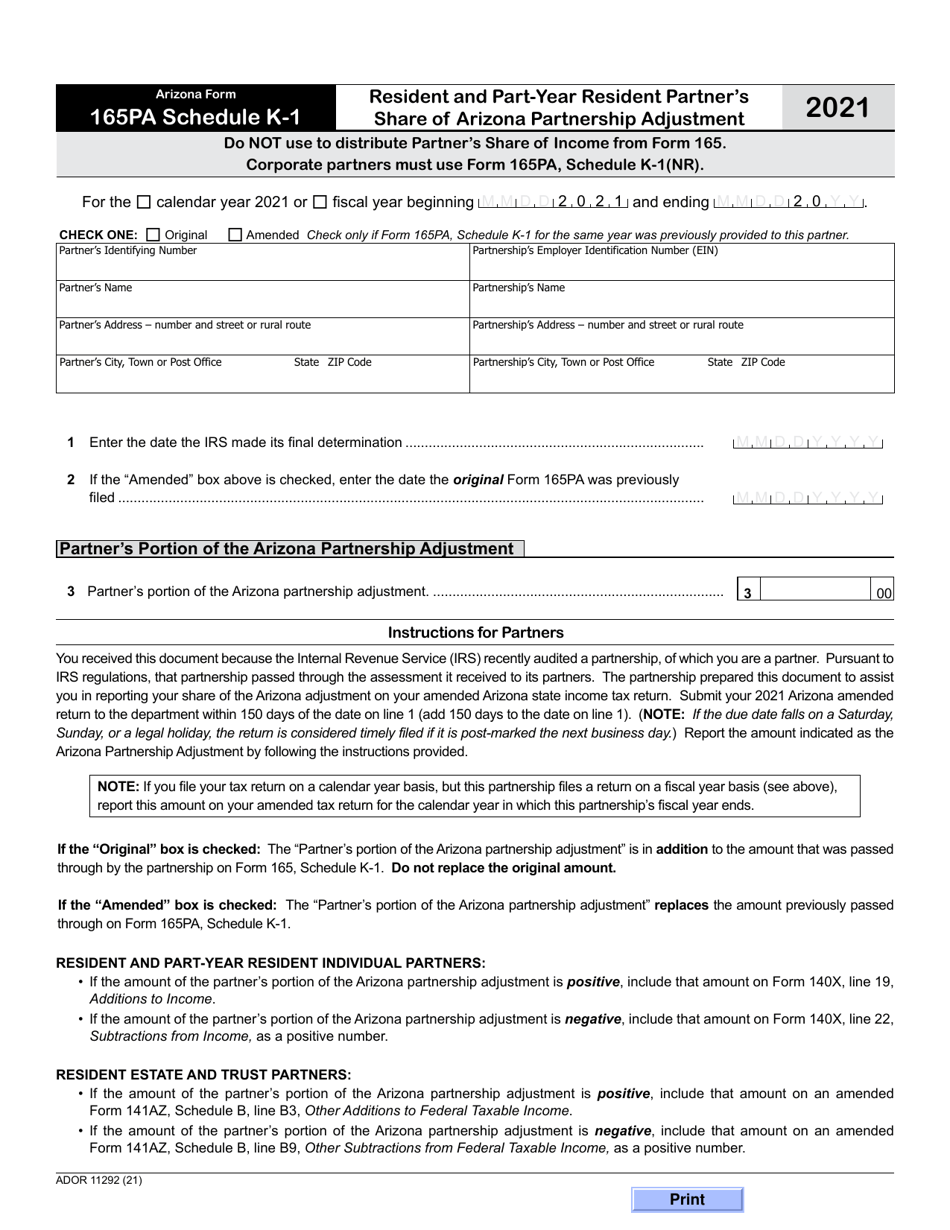 Arizona Form 165PA (ADOR11292) Schedule K-1 Resident and Part-Year Resident Partners Share of Arizona Partnership Adjustment - Arizona, Page 1