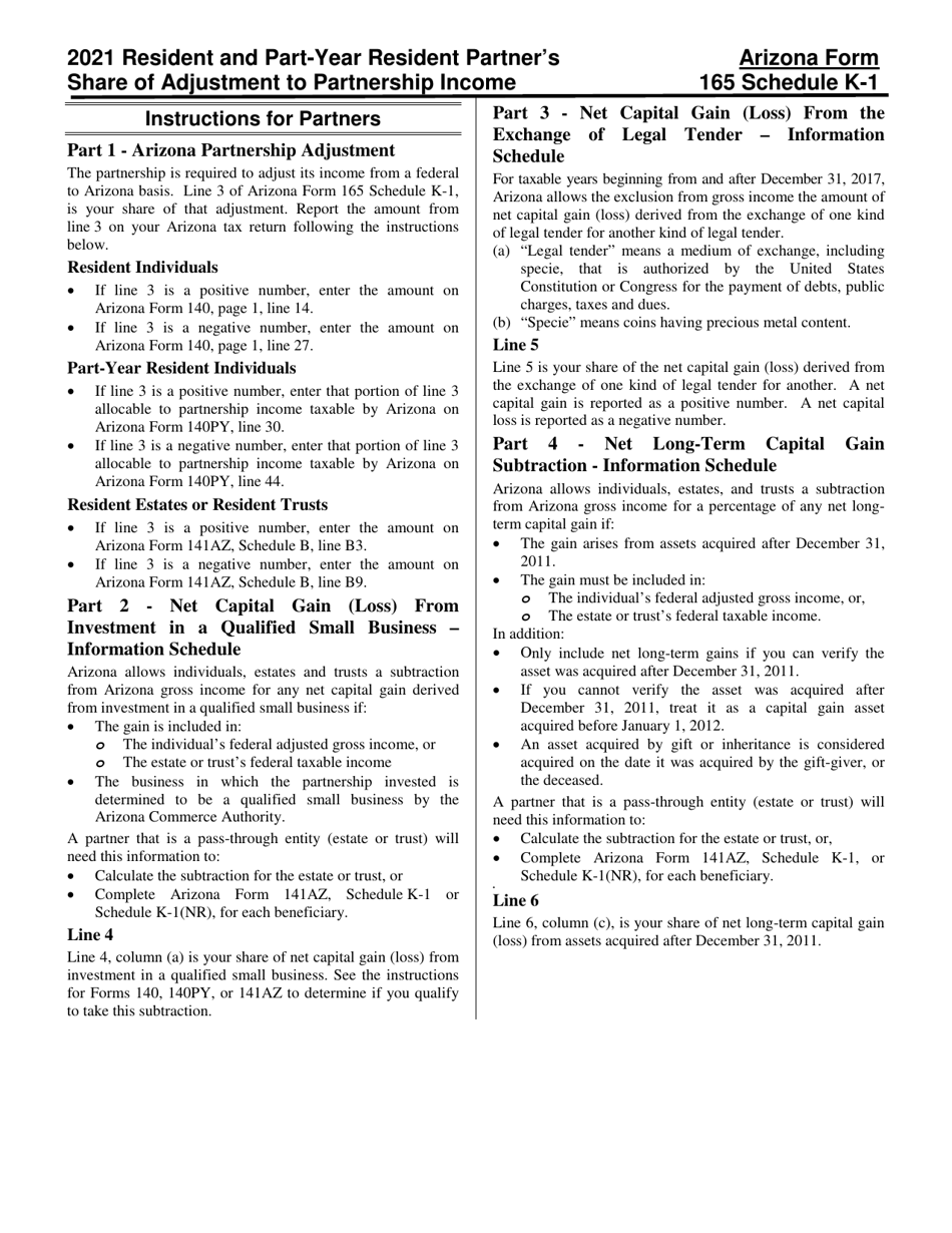 Arizona Form 165 (ADOR10344) Schedule K-1 Resident and Part-Year Resident Partners Share of Adjustment to Partnership Income - Arizona, Page 3
