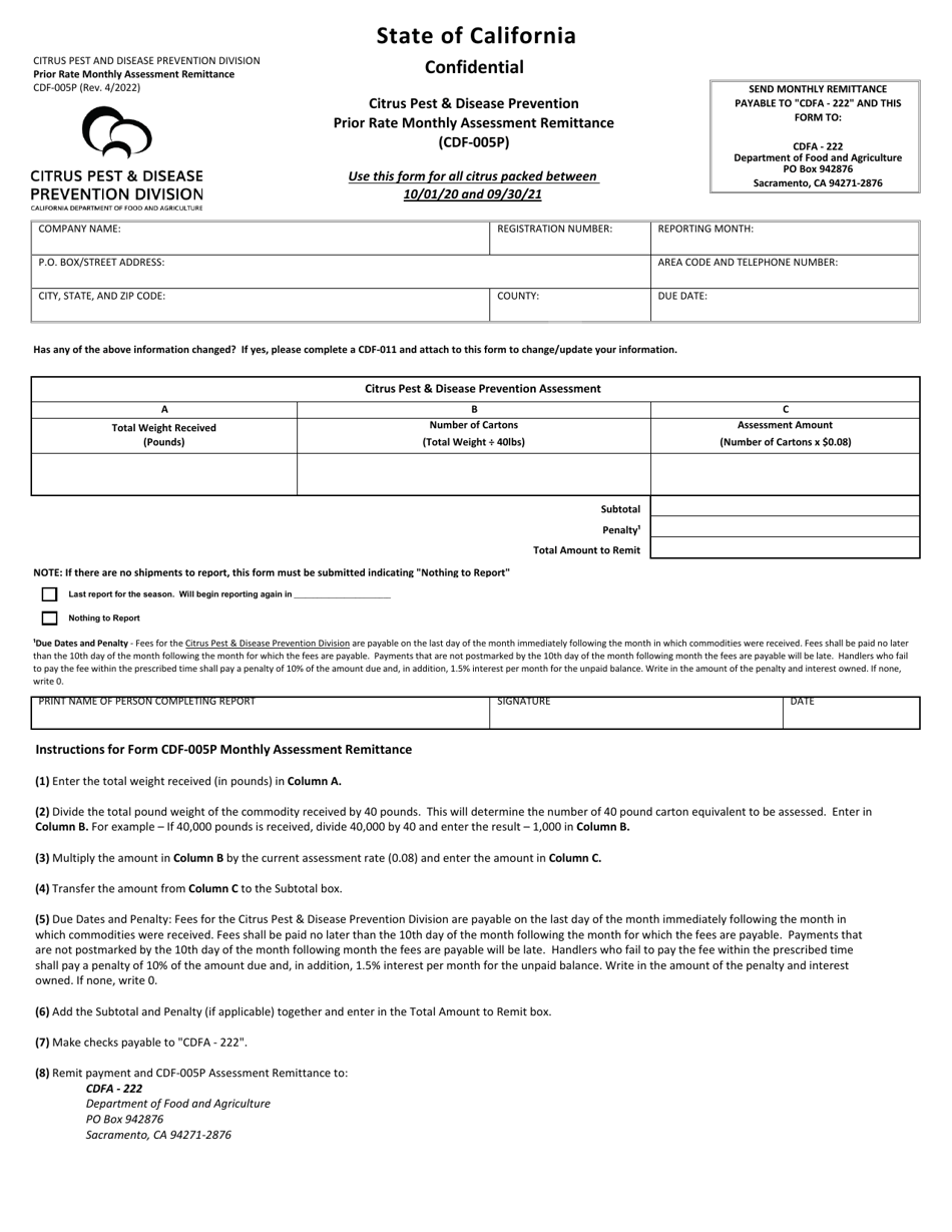 Form CDF-005P Citrus Pest  Disease Prevention Prior Rate Monthly Assessment Remittance - California, Page 1