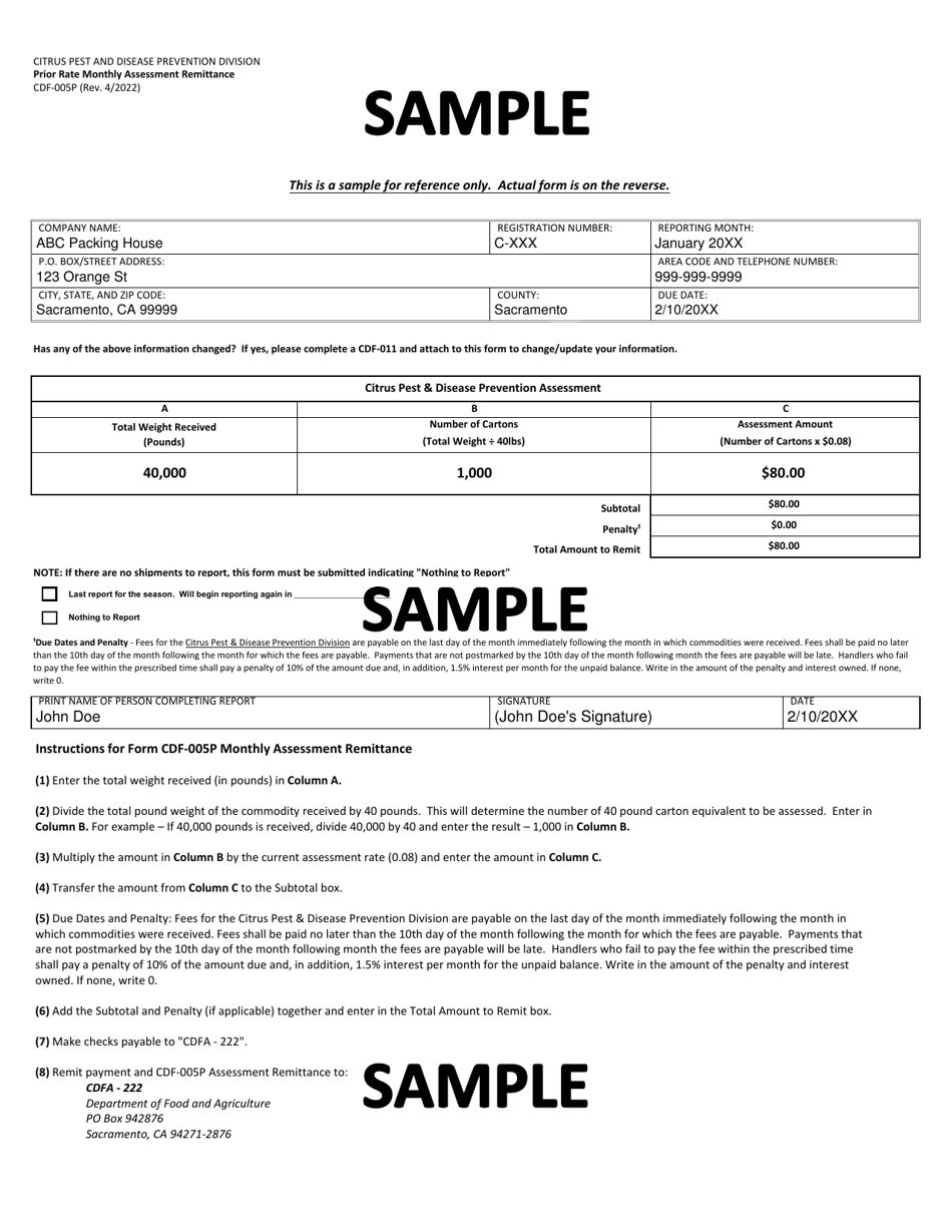 Form CDF-005P Citrus Pest  Disease Prevention Prior Rate Monthly Assessment Remittance - California, Page 2